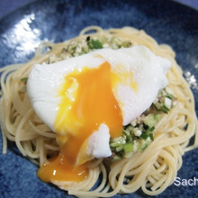 2021年08月09日 山形の「だし」の冷製パスタ ポーチドエッグのっけ