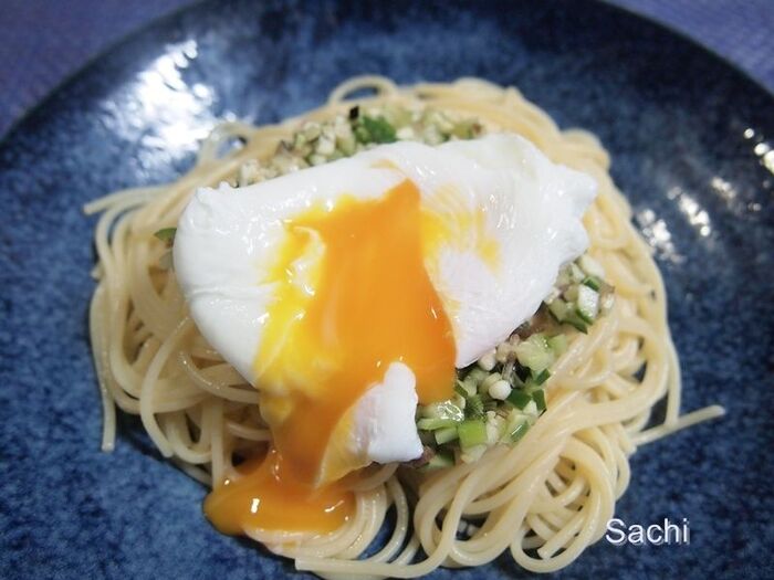 2021年08月09日 山形の「だし」の冷製パスタ ポーチドエッグのっけ