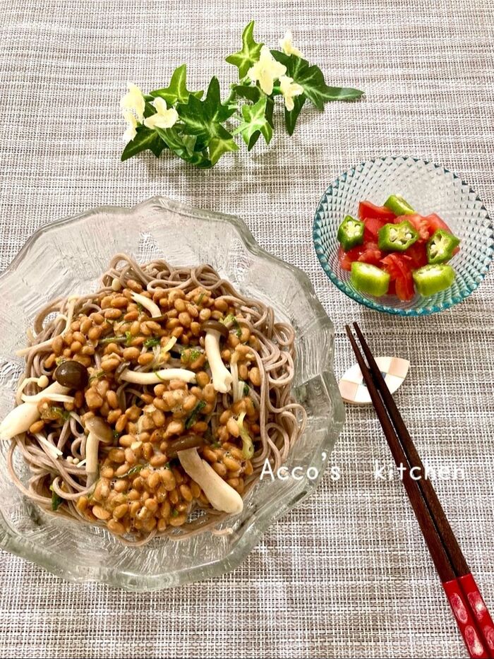 ♡夏バテ防止♡簡単!納豆とキノコのぶっかけそば