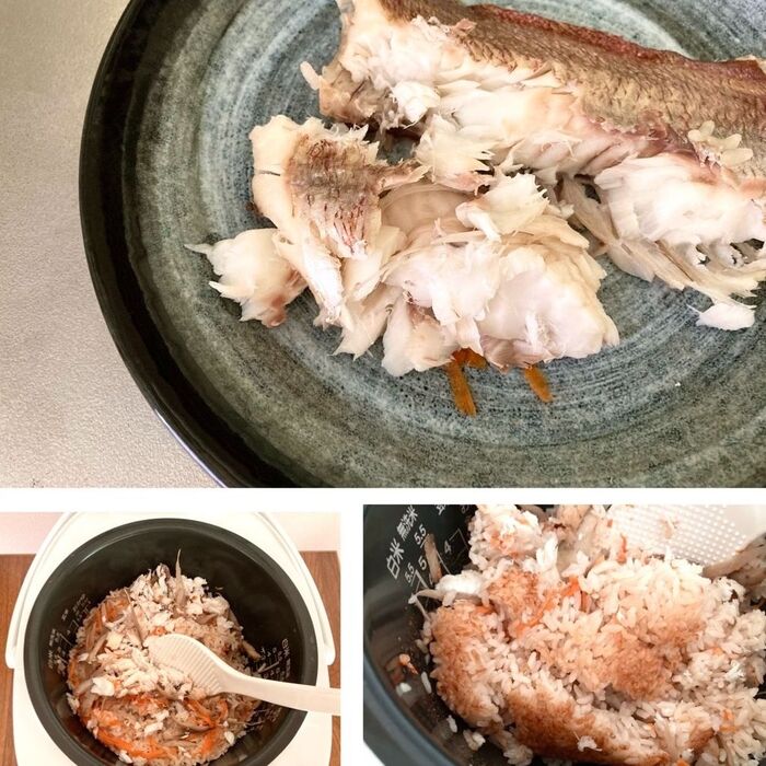 2.鯛の身をほぐし、骨を取り除き、ご飯に混ぜる