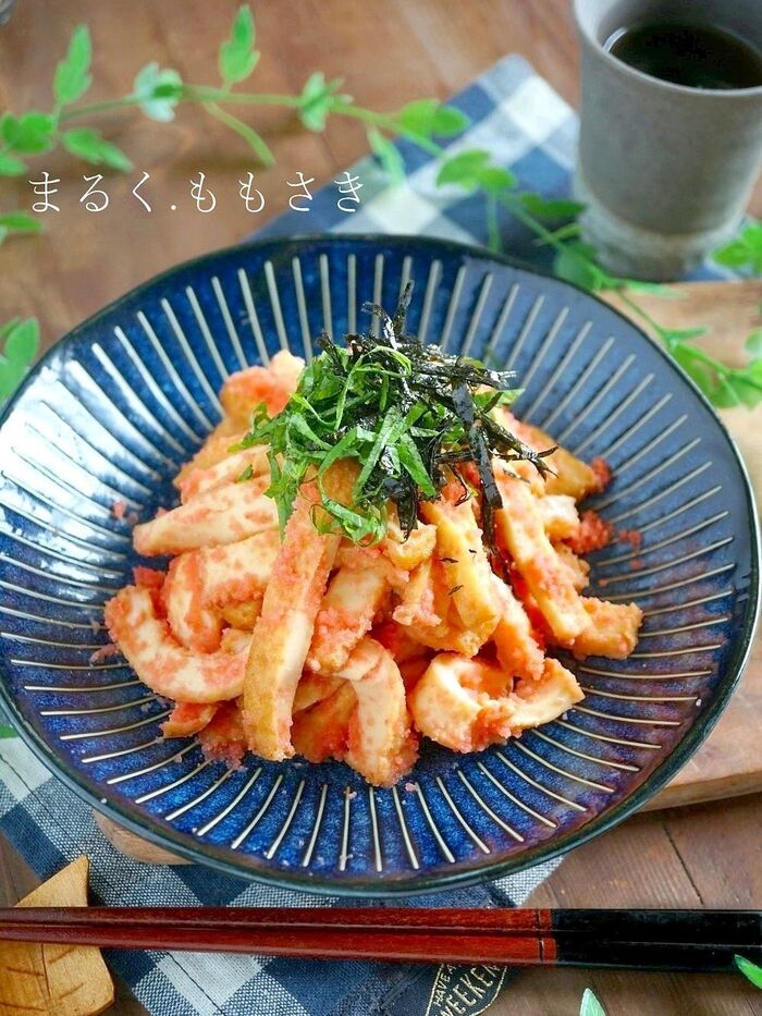 ヘルシーなのに癖になる味!もっちり厚揚げのたらこパスタ風