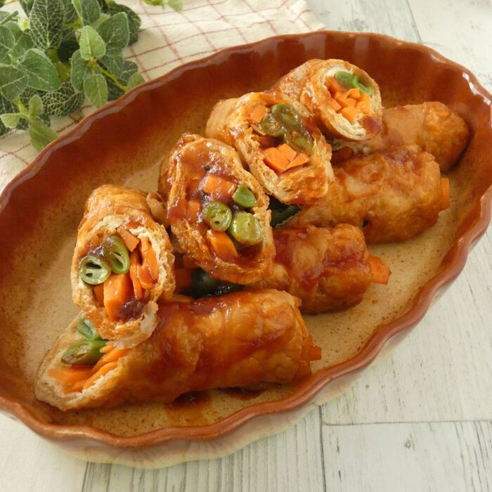 野菜と油あげの豚肉ロール煮