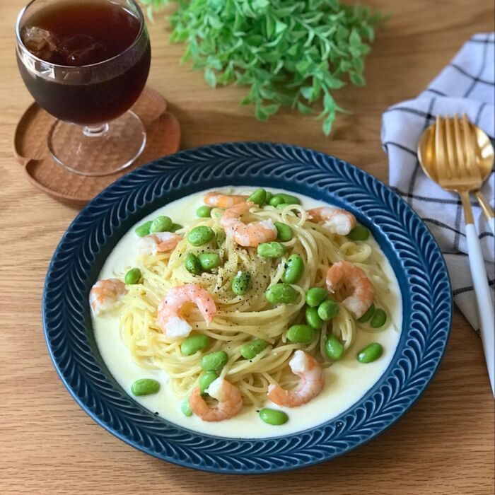 うまみたっぷり・奥深い味わい!白だしと海老と枝豆のクリームパスタ
