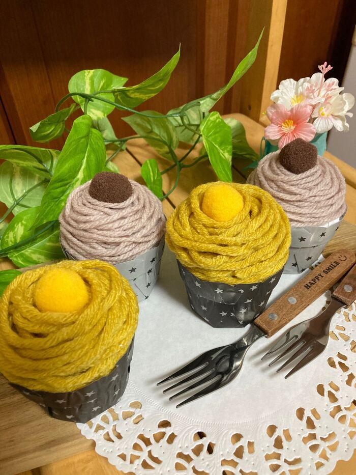 使い古しのタオルリメイク 2種のモンブランで 貼るだけケーキままごと♪♪