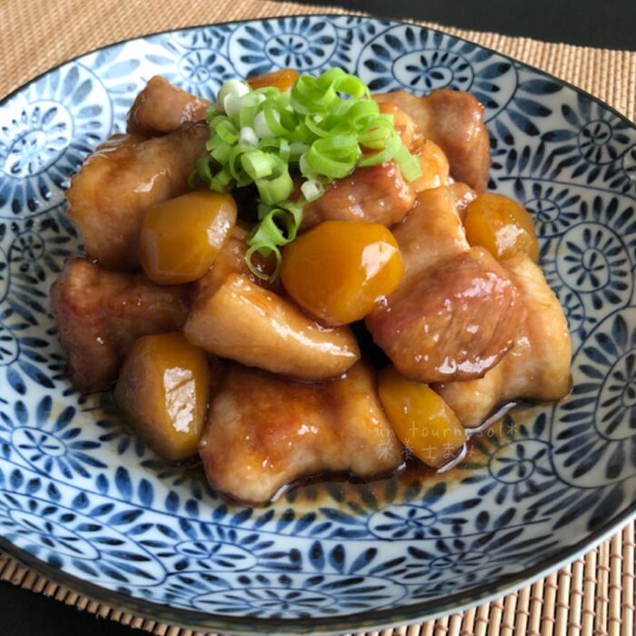 【栗甘露煮汁と豚バラで簡単!】体力アップ↑栗と豚バラの甘辛にんにく煮 #メイン