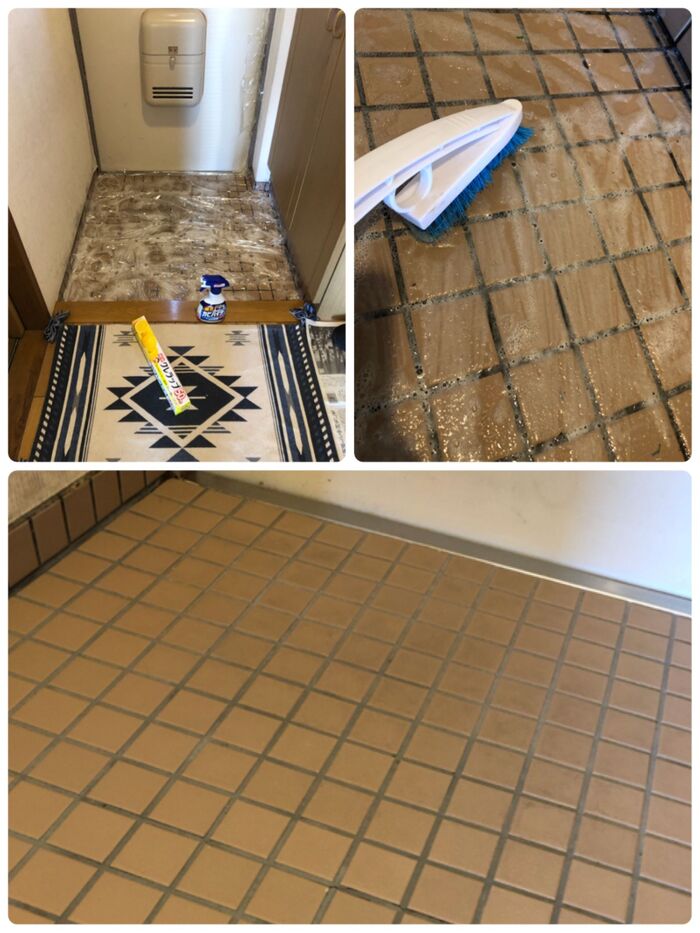 実は、掃除途中の玄関タイル(笑)