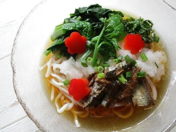 受賞レシピ♡余った葉物野菜は、秋刀魚かば焼き缶と一緒使いで、栄養満点ぶっかけおろしうどんに!