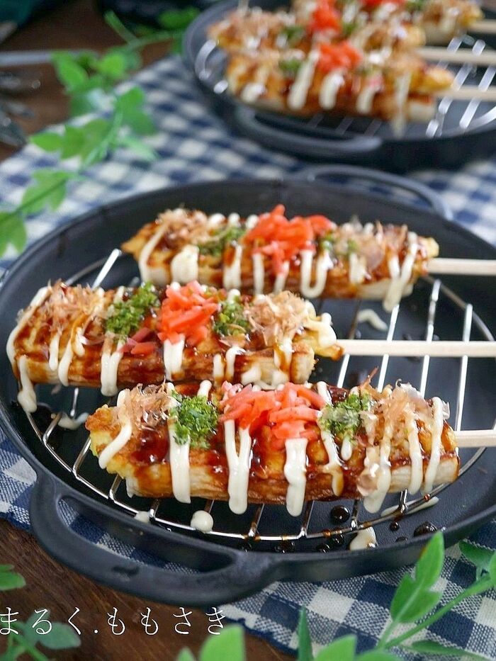 これは便利!ちくわの器でスティックお好み焼き♪