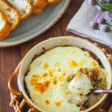 ごろごろかぼちゃとひき肉の豆乳グラタン