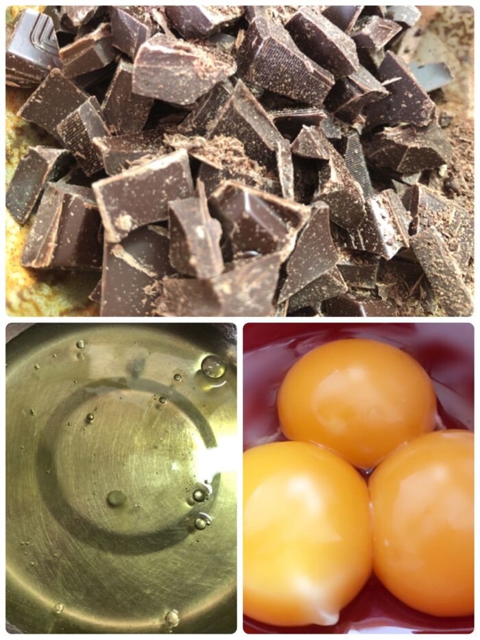 チョコレートを砕き耐熱容器に入れます。卵は卵白と卵黄を分けておきます。