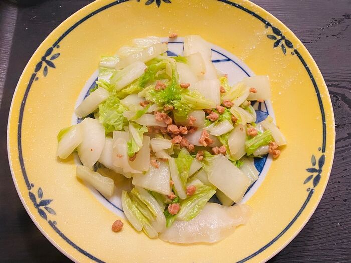 初めて使う食材は野菜炒めから!麺つゆが決めて!大豆ミートと白菜の炒め物