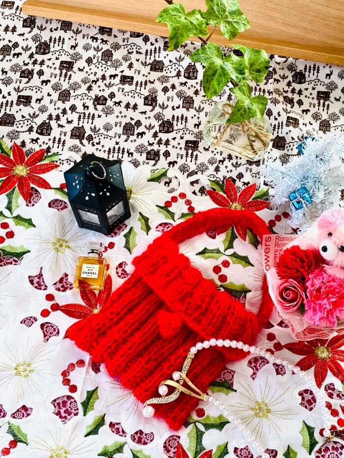 毛糸1個でクリスマスカラー ミニバッグ
