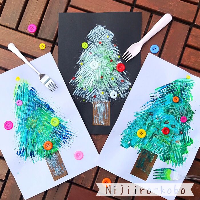 【親子工作】フォークで描く♪かわいいツリーの絵
