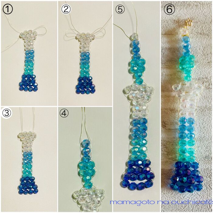 下から上にどんどんビーズを通し重ねていきます♪