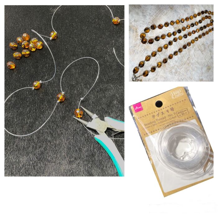 ③次にテグスを用意してビーズを等間隔で固定。