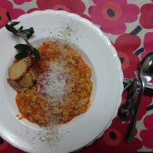 豚キムリゾット、里芋chips添え