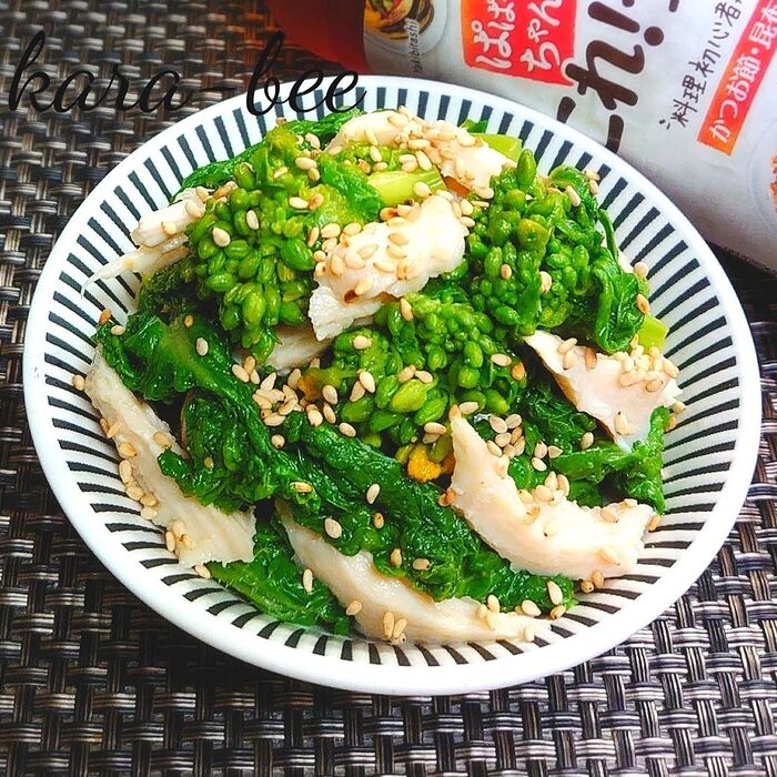 簡単おつまみ♪菜の花とサラダチキンの辛子和え