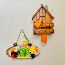 切り株プレートに🎶毛糸で、てんとう虫、カタツムリ、蝶々でインテリア(^O^☆♪