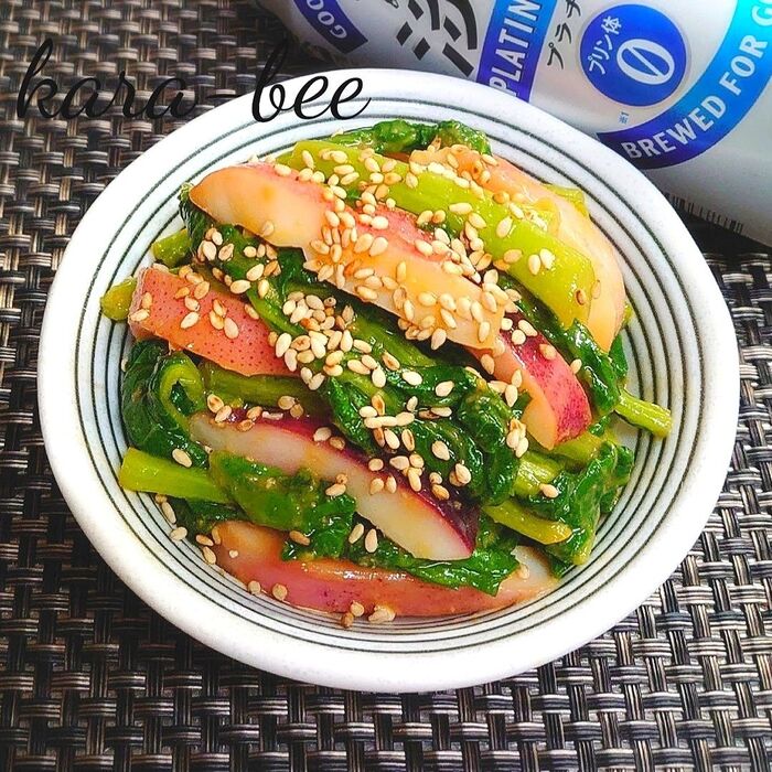 明日も食べたい♪菜の花とイカの辛子酢味噌和え