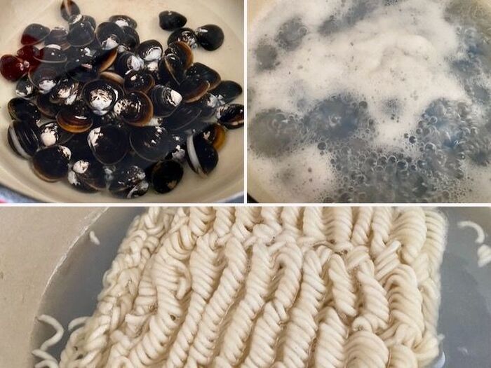 ①しじみと麺を煮る