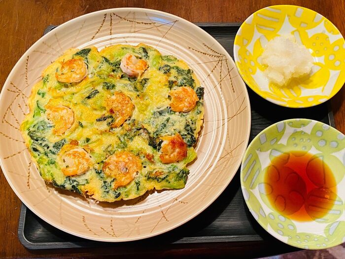 今が旬!ちぢみ雪菜DEたっぷりチヂミ!ポン酢でいただきます(^O^☆♪