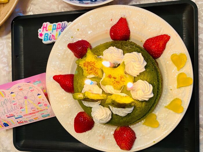 抹茶ケーキDE Happy Birthday!雪で調達できない(;o;)苦肉の策