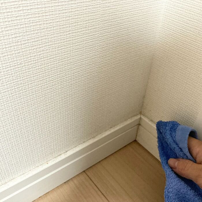 アルカリ電解水で湿らせたタオルで拭き取ります