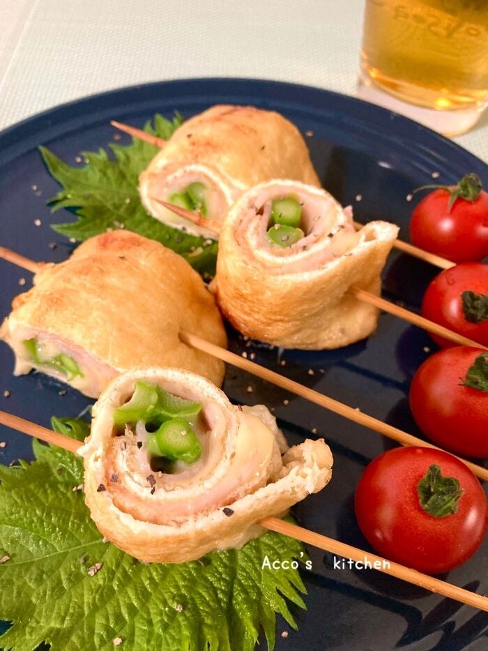 油揚げでクルクル巻いて☆アスパラ・ベーコン・チーズの串焼き/オーブントースター利用【居酒屋レシピ】