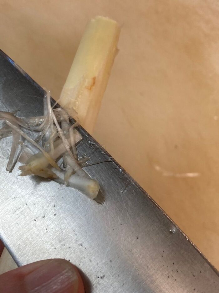 下部を切り落とし包丁で繊維をこそげ落とす