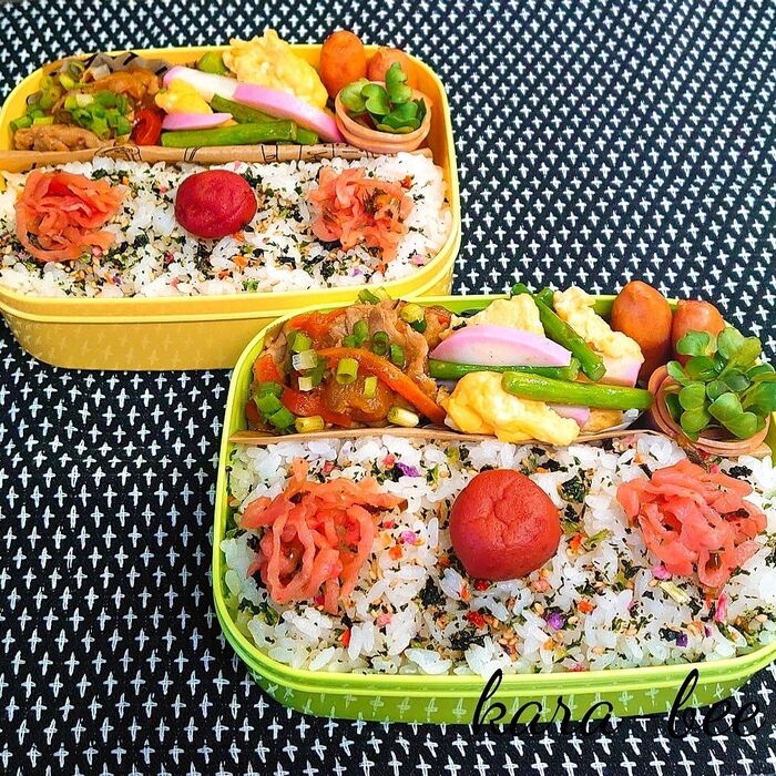 母とムスコのラブラブおソロ♪生姜焼き&アスパラとかまぼこと卵のバタシャン炒め弁当