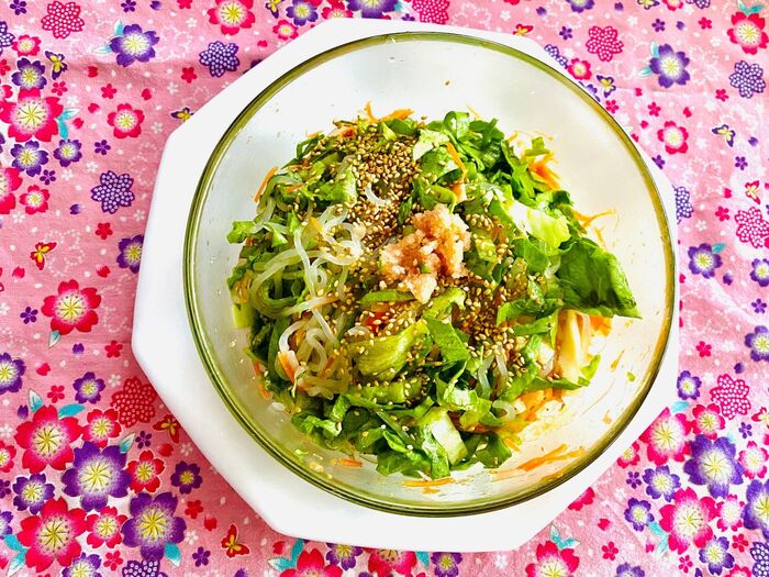 簡単!野菜たっぷり 明太子としらたきのごま油がよ〜く合う和物 うまっ!