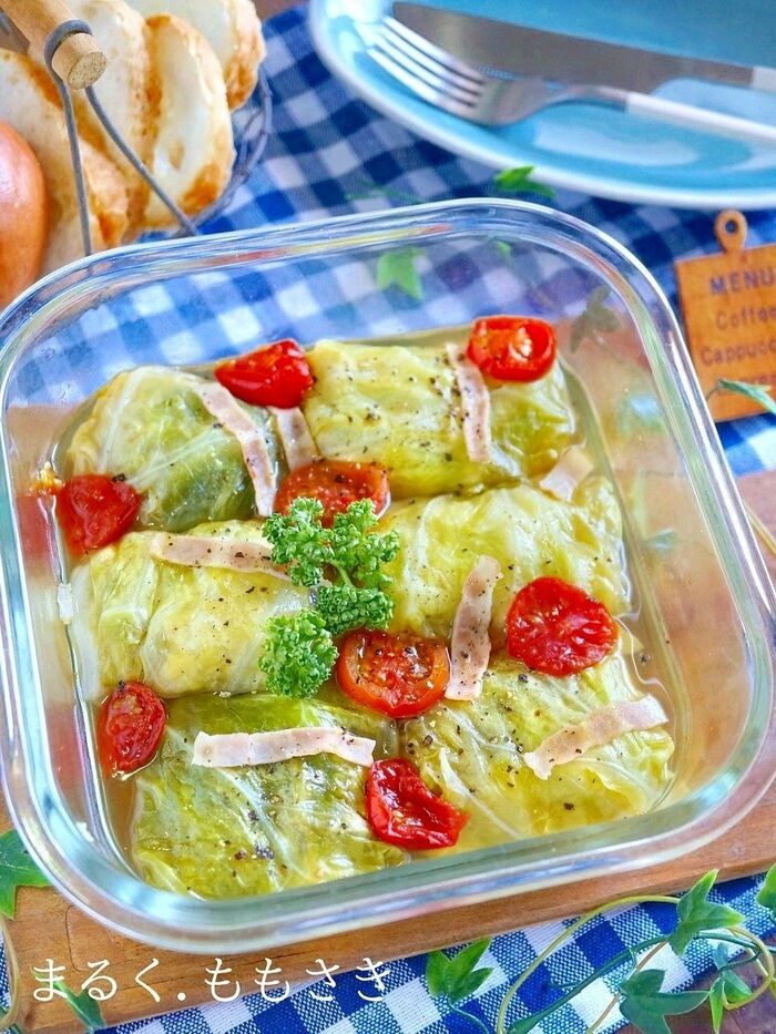 レンジで10分♪味付け1つ♪あれを使って~簡単ミニロールキャベツ