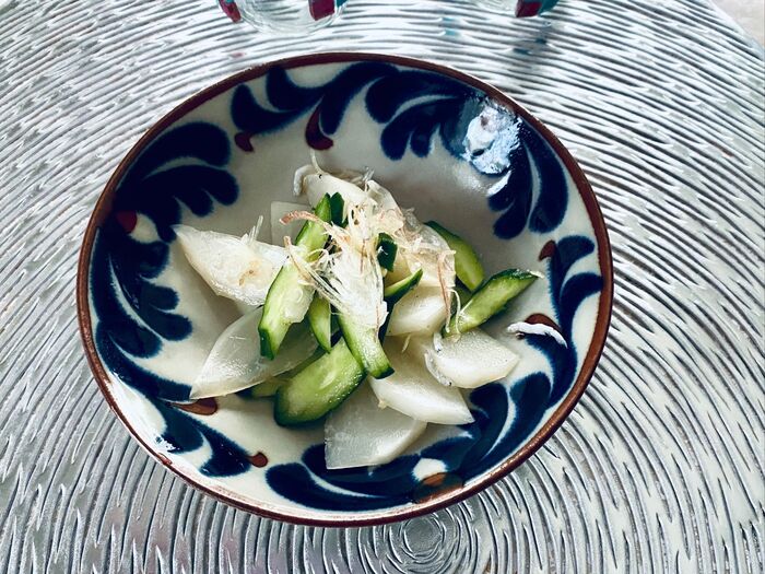 今が旬!みょうが、釜揚げしらす、きゅうり、かぶのめんつゆ和え♪