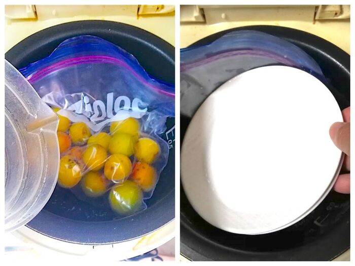 2:炊飯器に入れて、袋の半分が隠れる水を入れ、袋が浮かないように皿を乗せる