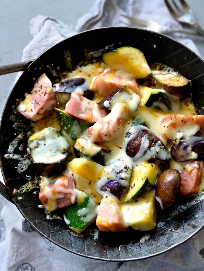 【10分】なす・ズッキーニ・厚切りベーコンのチーポン焼き