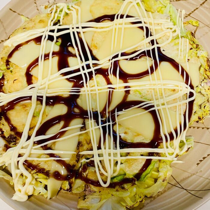 この手があった!おかずお好み焼きには、挽肉を使うと均等にお肉にありつける(*^◯^*)