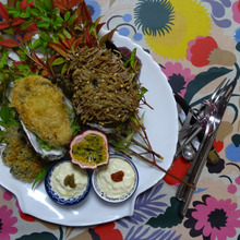 岩牡蛎を夏季にくらう!!その2 蕎麦パネフライ、おろしマヨ(かんずり、柚子胡椒)