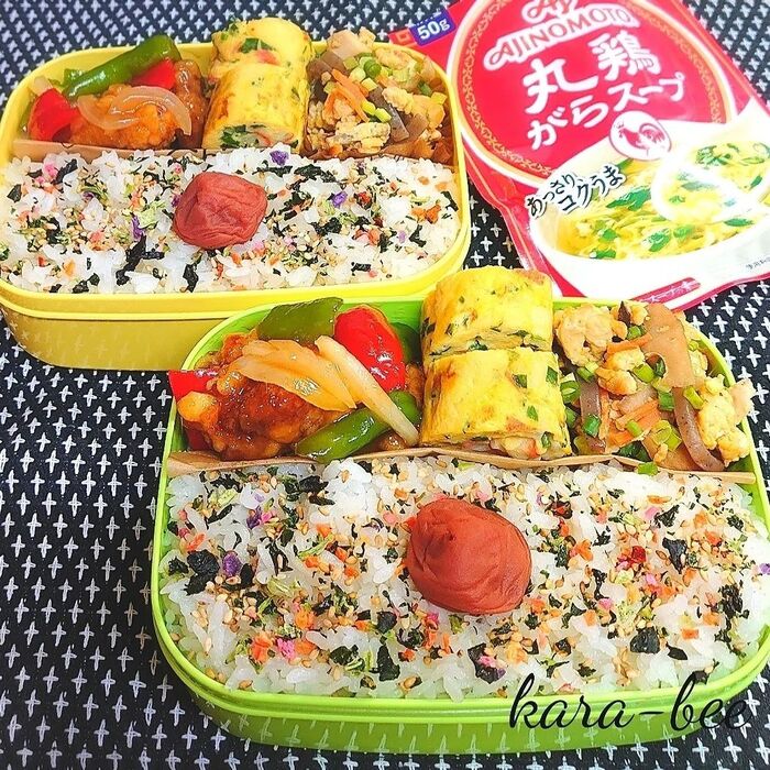母とムスコのラブラブおソロ♪丸鶏がらスープで中華風ニラ玉だし巻き玉子&酢鶏弁当