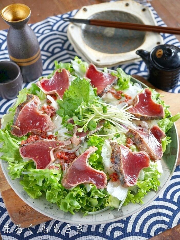 鰹のたたき1パックで簡単サラダ~梅干しと日本酒のソースが隠し味♪