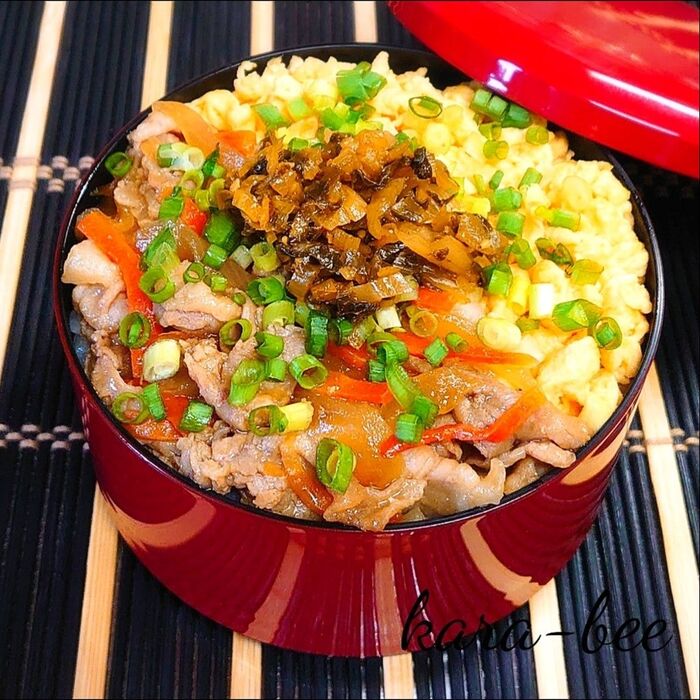 忙しい朝も5分で完成♪モリモリ二色焼肉どーーん弁当