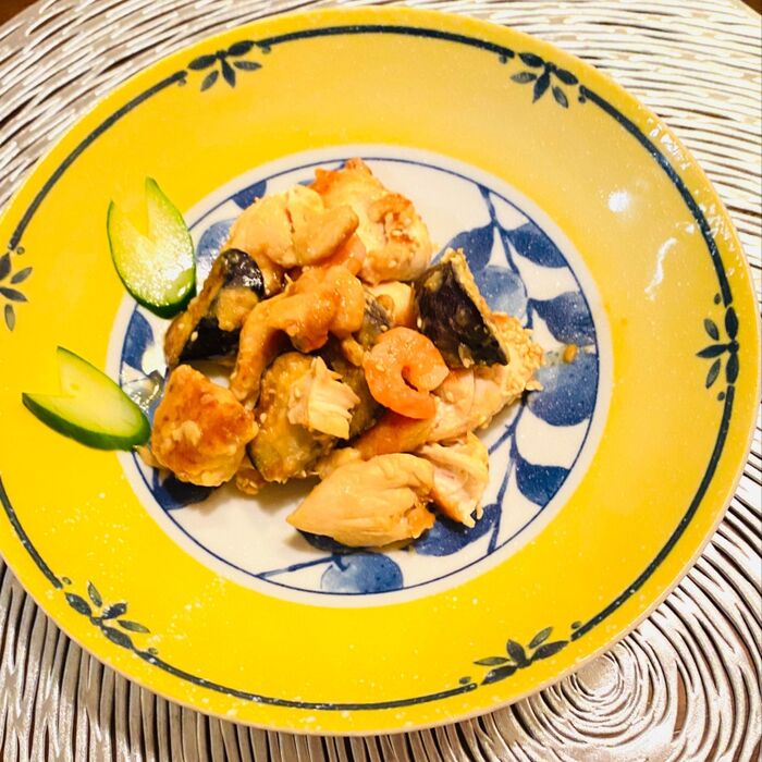 中華風!鶏ささみとなす、エビの甘酢炒め