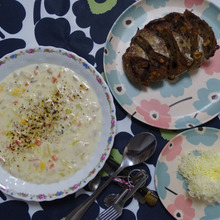 本日の夕食、espressoハードパンとclam chowder