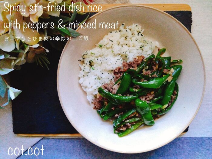 ★ピーマンが主役の材料少なめ満足おかず。ピーマンとひき肉の辛炒め皿ご飯★
