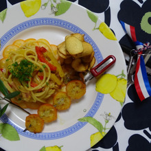 金柑パスタ パン粉焼きブロシェット、くわいチップ添え