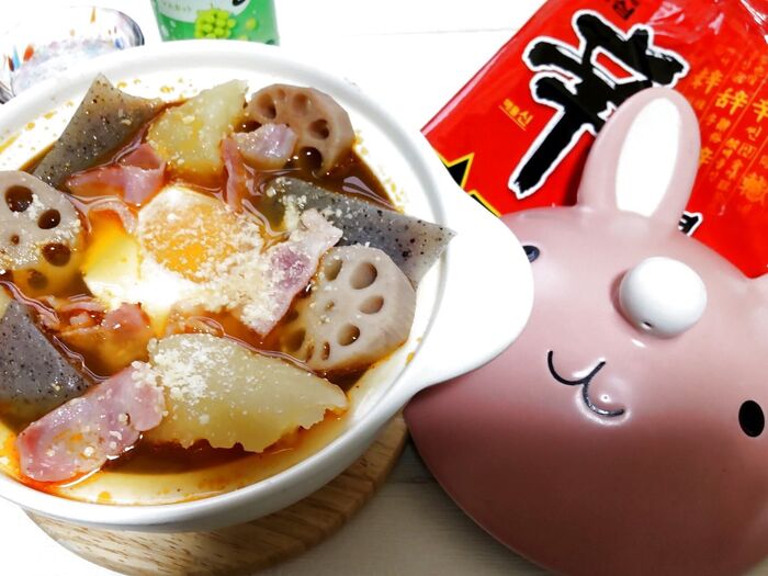 噂の「辛ラーメンカルボナーラ」ちょい足しdeヘルシーに満ぷくぅ~♪