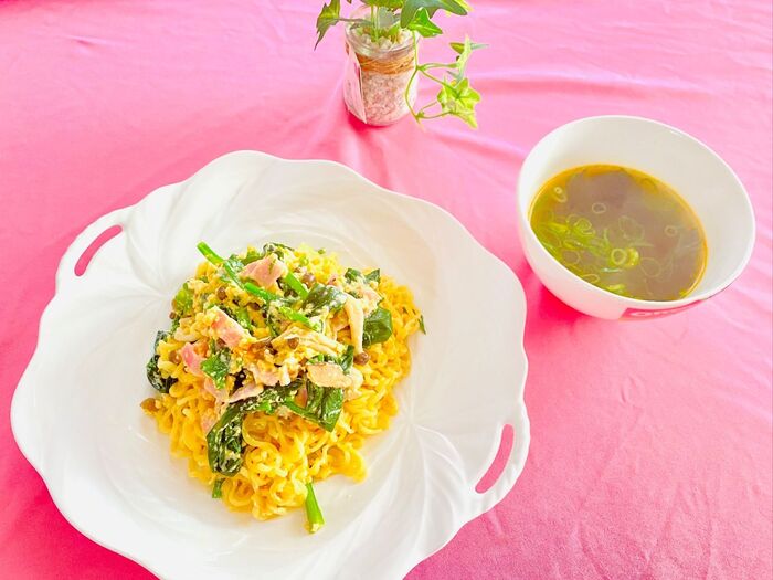 辛味がベスト!辛ラーメンでカルボナーラ♪