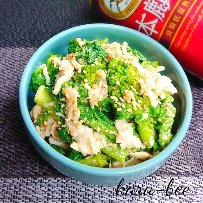 【おうち居酒屋ごはん】菜の花とサラダチキンのオイマヨ辛子和え