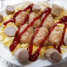 【パン粉de揚げないコロッケ】チーズ入りオムライスコロッケ、カマンベール&魚肉ソーセージ添え♪