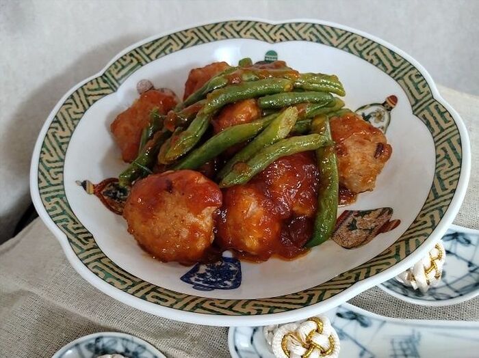 肉団子とインゲン豆の甘酢あんかけ
