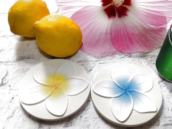 一目惚れ!暑い季節にお勧めな実用品です♡気品漂う「プルメリア」が可愛い!珪藻土の凄さって?